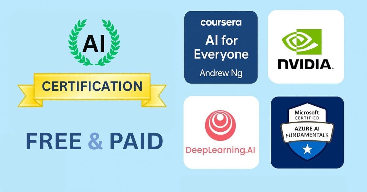 AI Certification Logos – Coursera, NVIDIA, DeepLearning.AI, Microsoft Azure – Free & Paid Options.