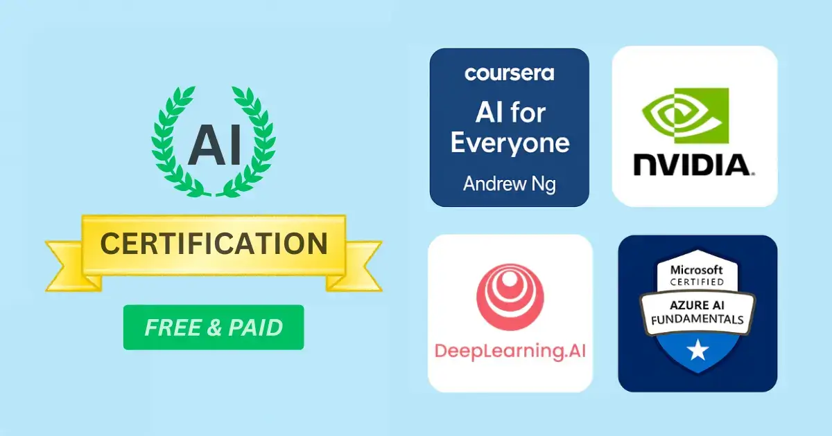 AI Certification for beginners with Logos, Coursera, NVIDIA, DeepLearning.AI, Microsoft Azure – Free & Paid Options.|