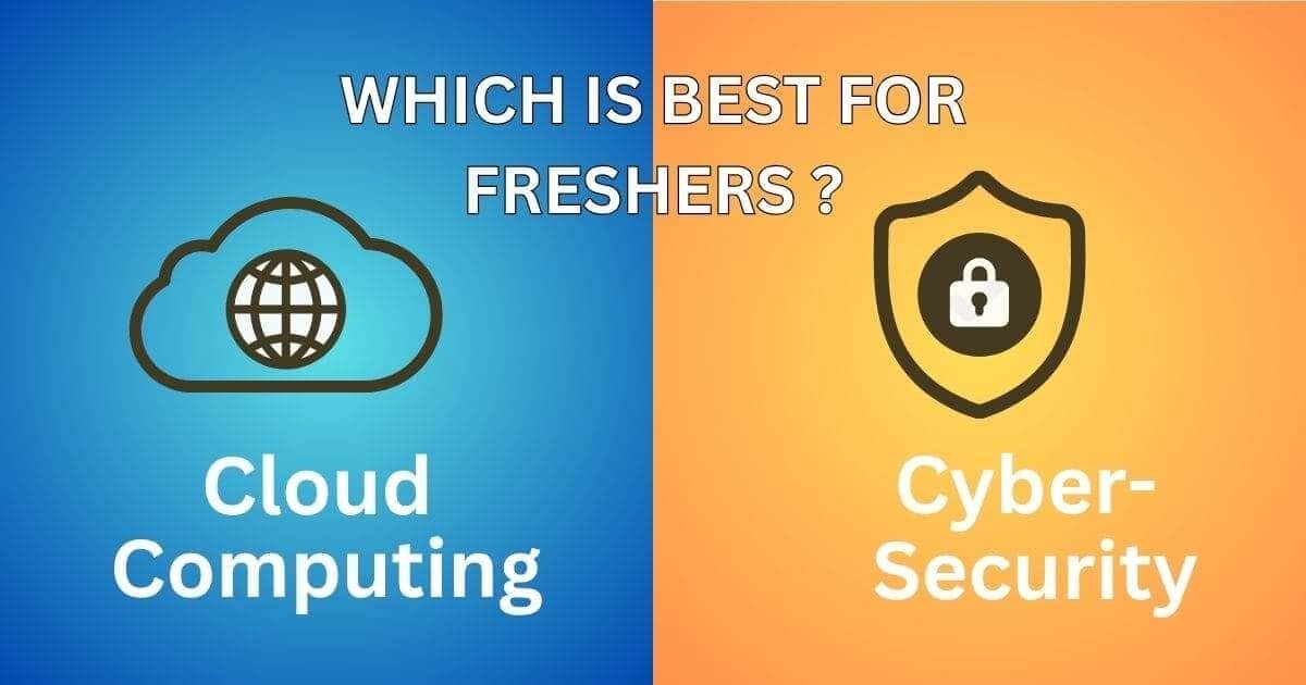 Split-screen graphic comparing Cloud Computing and Cybersecurity for IT students