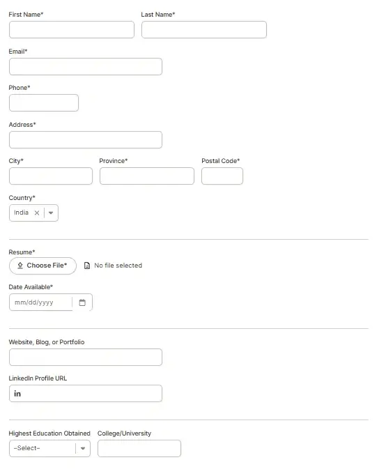 invidi job application form screenshot