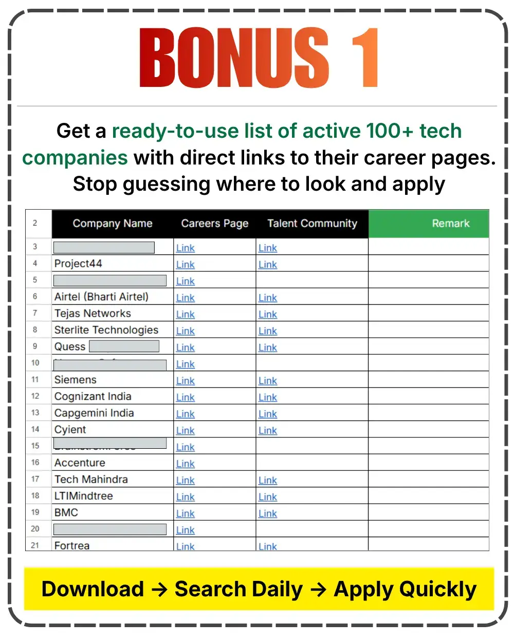 Opportunity Playbook Bonus 1 featuring a list of 100+ active tech companies with direct career page and talent community links