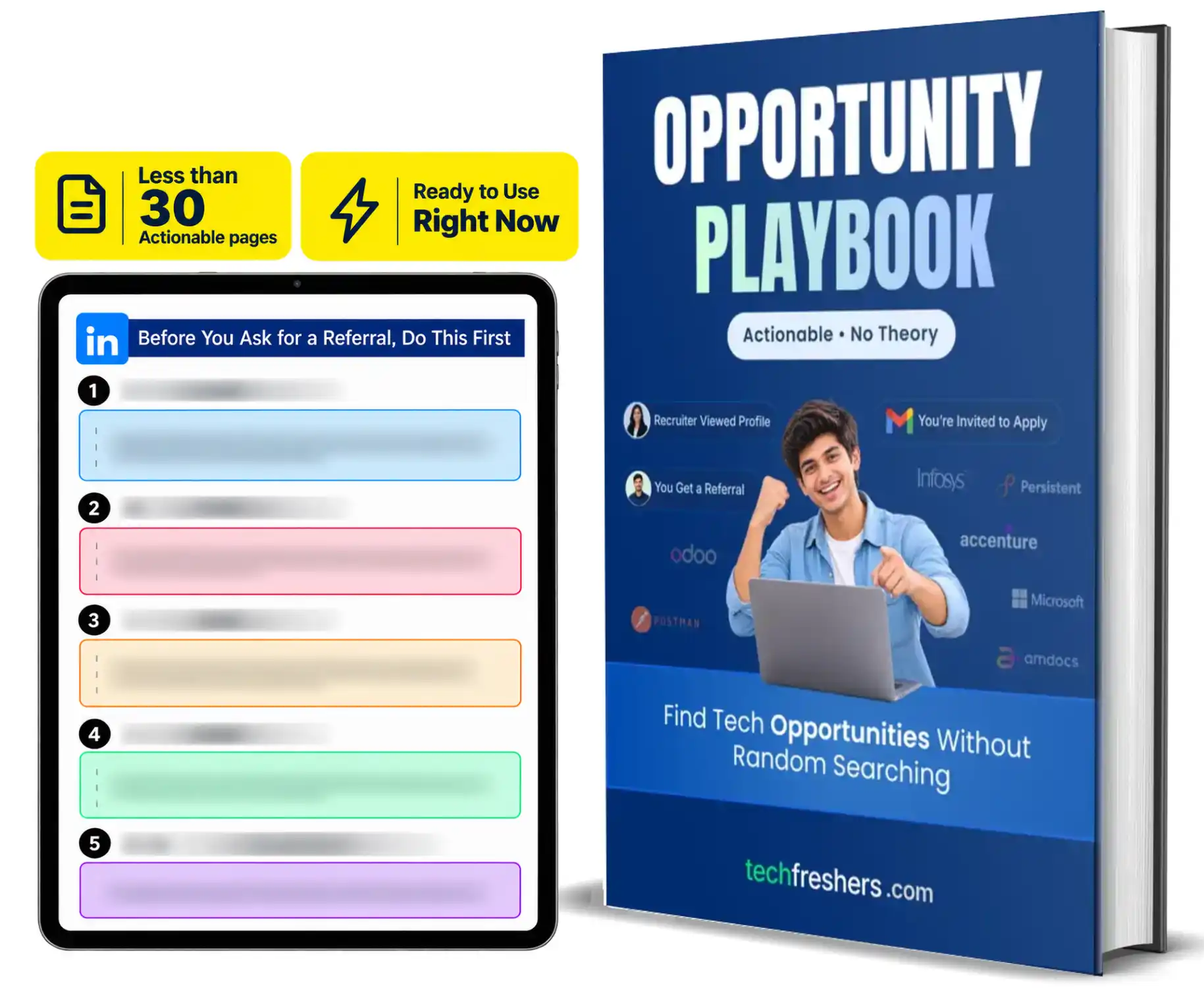 Opportunity Playbook ebook mockup with actionable job search steps for Indian tech freshers